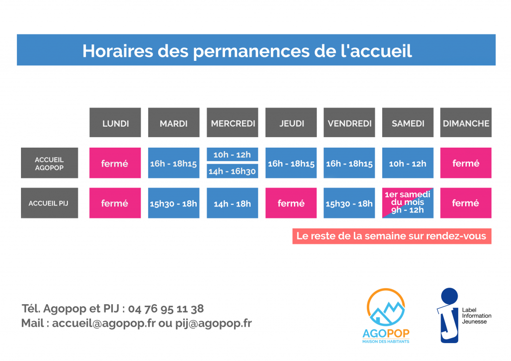 Les horaires d'ouverture de l'Agopop  Agopop