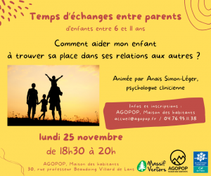 Soirée d’échanges entre parents : « Aider mon enfant dans ses relations aux autres » @ Agopop, Maison des habitants