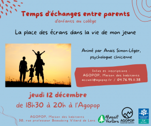 « La place des écrans dans la vie de mon jeune » : Soirée d’échanges entre parents @ Agopop, Maison des habitants